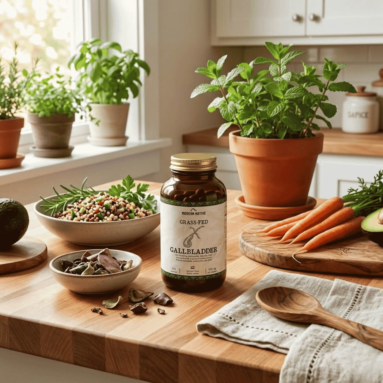 Na dřevěné kuchyňské lince s mátou v květináči stojí skleněná dóza s doplňkem stravy Grass-Fed Gallbladder, obklopená mrkví, avokádem a miskami se zdravou směsí a kousky sušených vnitřností.